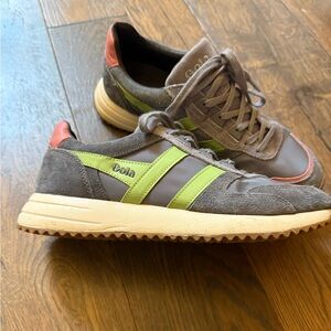 Gola Sneakers in Gray with Green and Pink Accents.